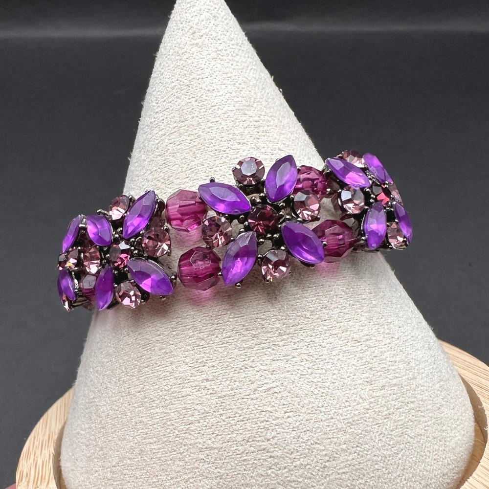 Rhinestone Stretch Bracelet Purple Floral Cluster Beaded Faceted Colorful
